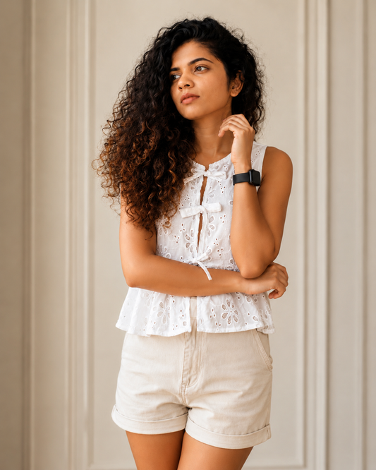 Ivory Schiffli Peplum Top